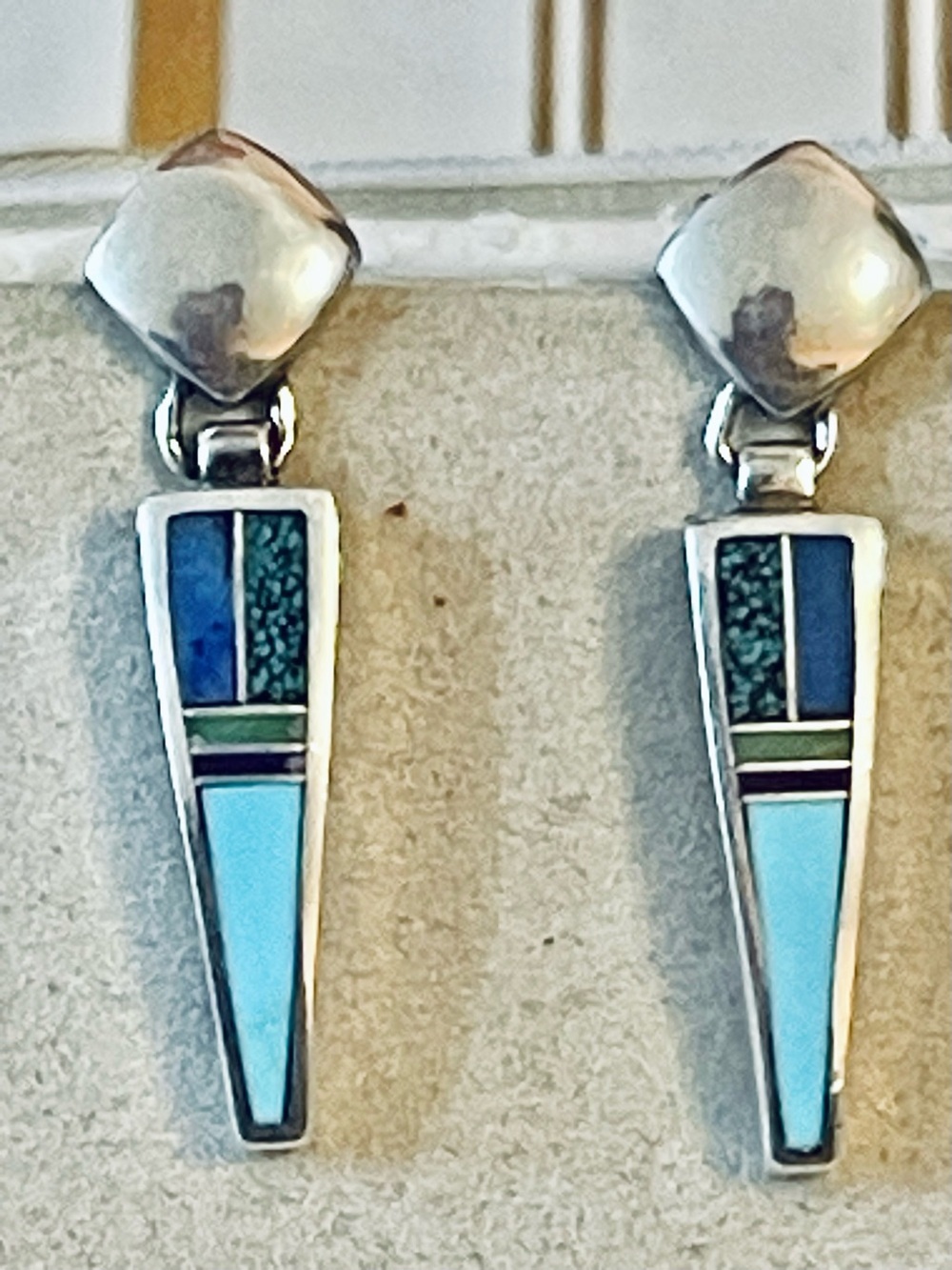 VTG NATIVE AMERICAN STERLING SILVER TURQUOISE DANGLE INLAID EARRINGS